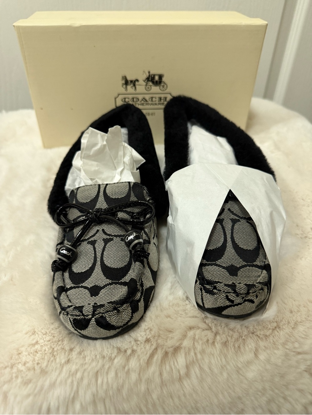 Coach Kids Black & Gray Signature C Moccasin Slippers